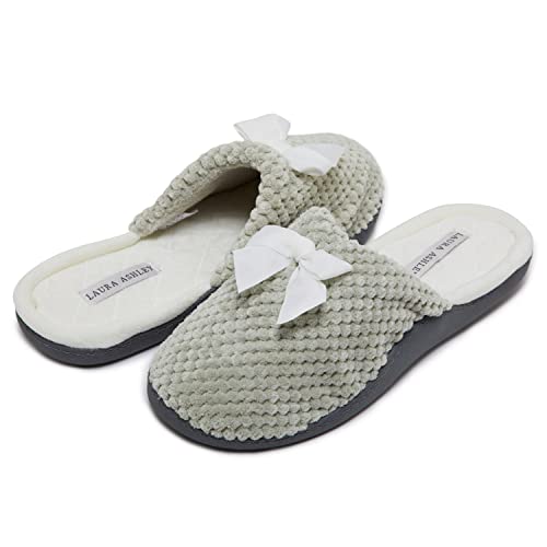 Laura Ashley Rugged Spa Slipper with Bow, Cozy Memory Foam Bottom House Shoes for Women